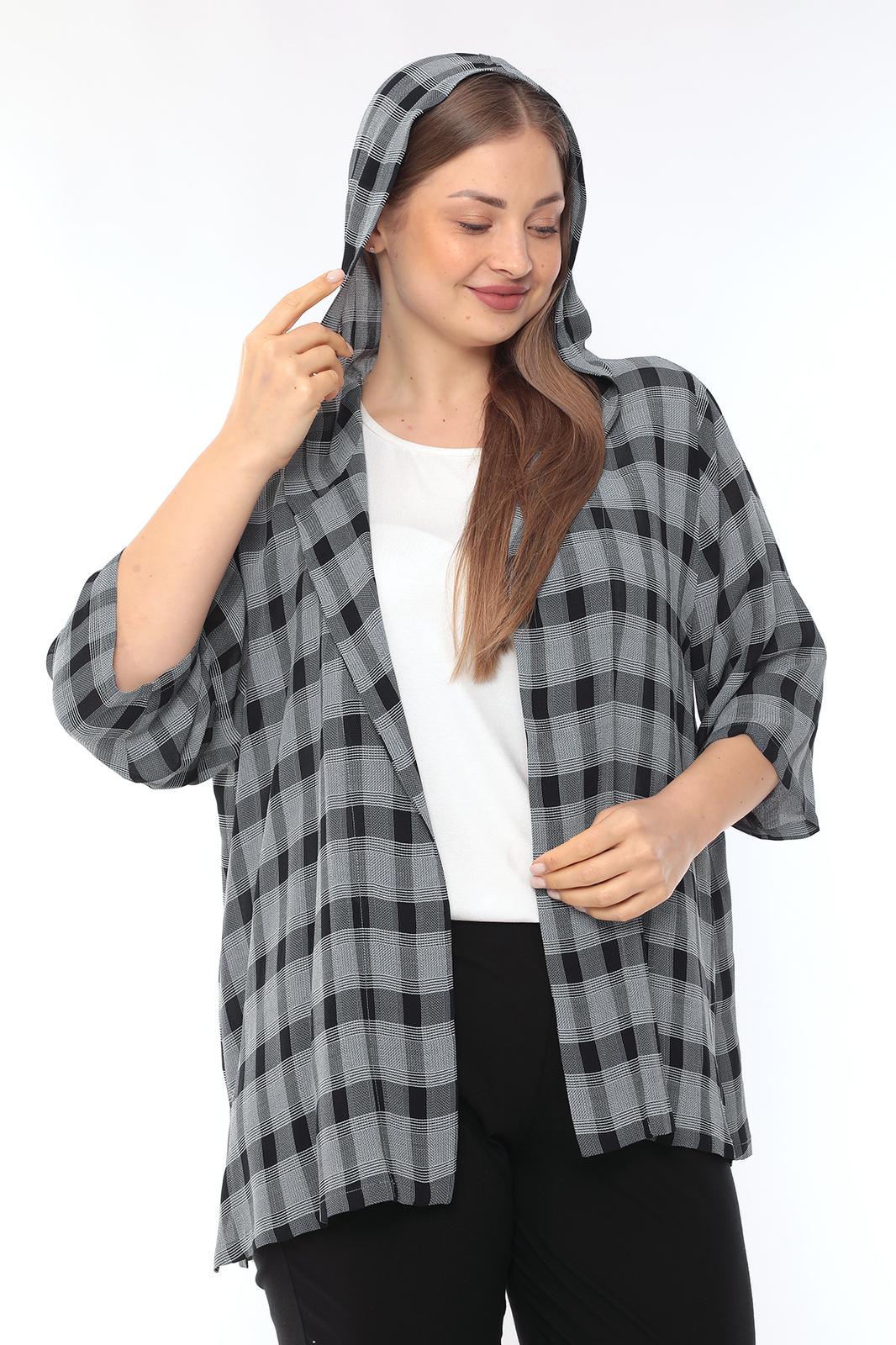 Bluse/ Jacke mit Kapuze in Blau und Pink  in Karomuster