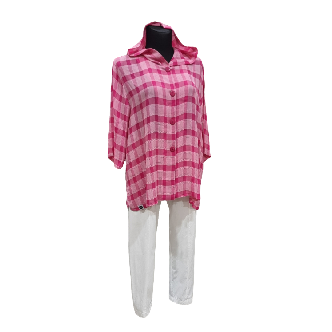Bluse/ Jacke mit Kapuze in Blau und Pink  in Karomuster