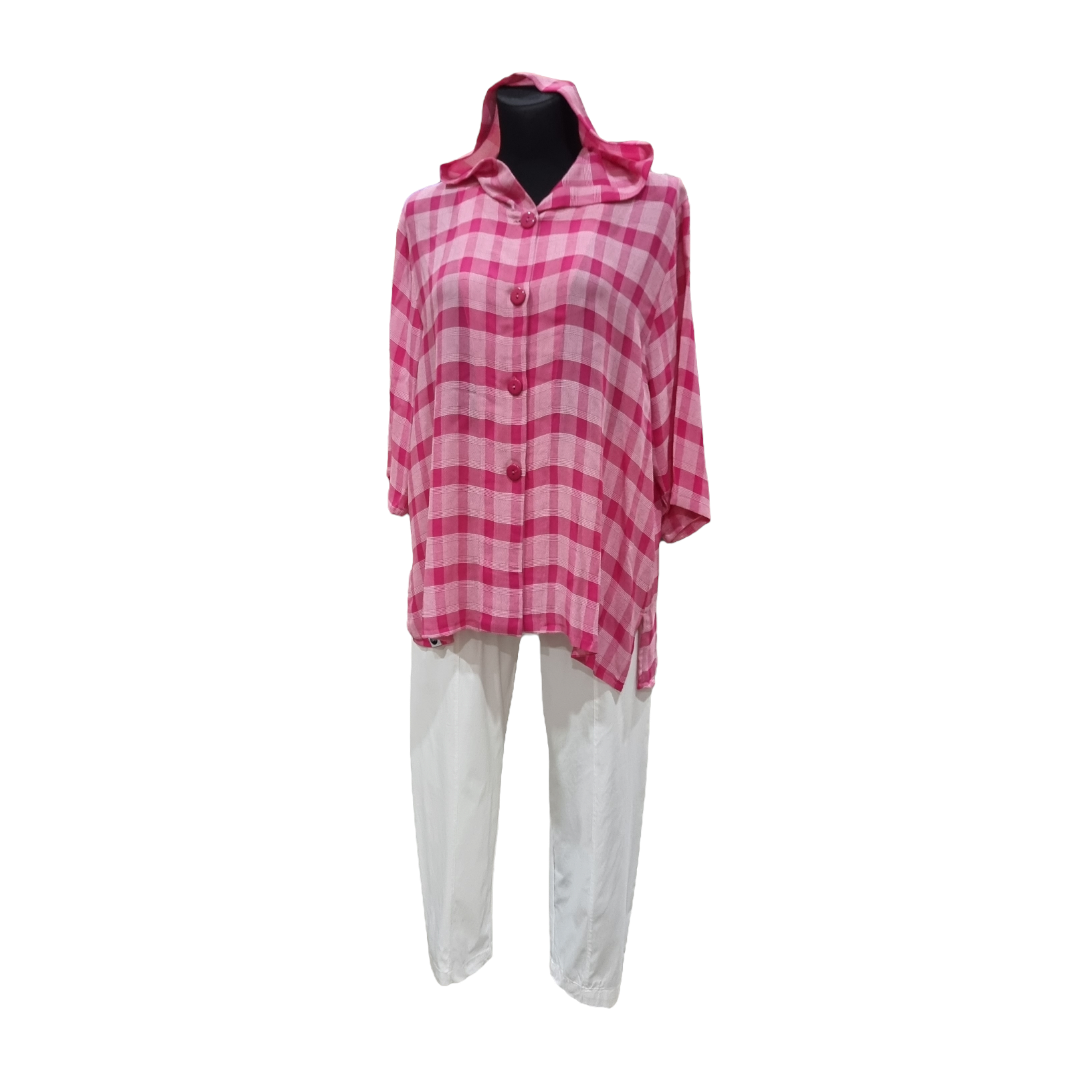 Bluse/ Jacke mit Kapuze in Blau und Pink  in Karomuster